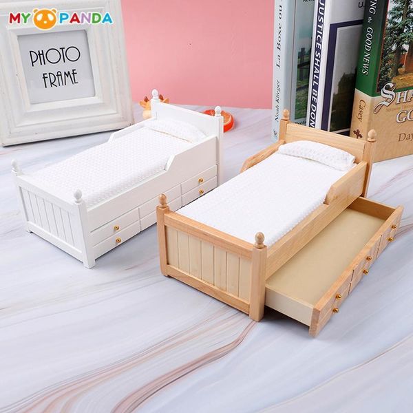 Taller de herramientas 1 12 casa de muñecas cama de madera en miniatura con cajón dormitorio sala de estar sofá conjunto simulación muebles modelo 230720