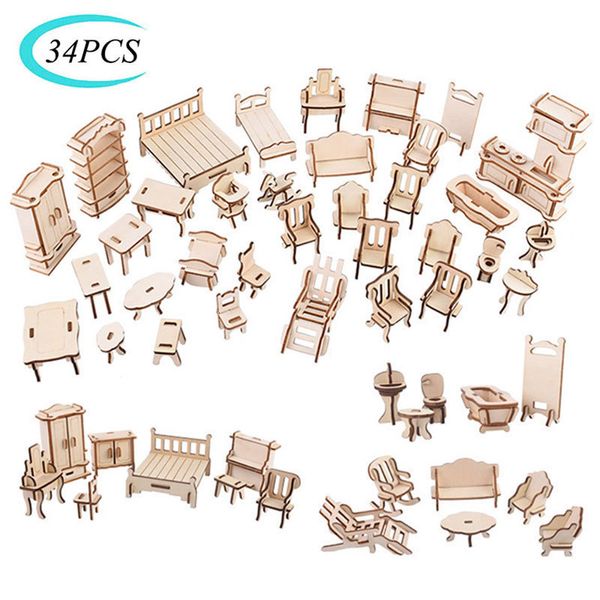 Taller de herramientas 34PCS / Set 3D Puzzle de madera Juguete 1 12 Mini muebles de madera Modelo de construcción 3D Casa de muñecas Accesorios DIY Niños Juguetes educativos 230721