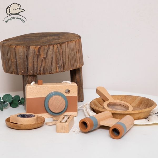 Tools Workshop 5pcs Outdoor Adventure Set Jouets en bois Appareil photo en bois Loupe Télescope Boussole Couteau en bois DIY Outdoor Adventure Set 230731