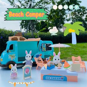 Tools Atelier Bus de plage 1/12 Forest Family Bunny Ice Cream Sales Véhicule Dollhouse Meuble Miniature For Girls Play House Toy Birthday Gifts 230812