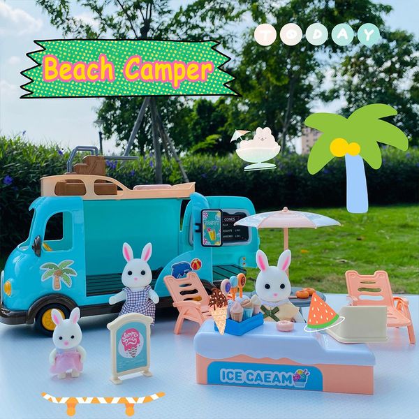 Tools Workshop Beach Bus 1/12 Forest Family Bunny Ice Cream Sales Vehicle Dollhouse Miniature Furniture For Girls Play House Toy Birthday Gifts 230731