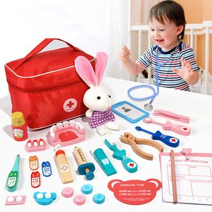 Outils Atelier Médecin Jouets pour Enfants Ensemble Enfants En Bois Pretend Play Kit Jeux Filles Garçons Rouge Dentiste Médecine Boîte Sacs En Tissu Cadeaux 230830