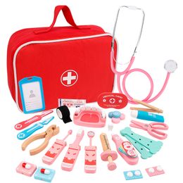 Herramientas Taller Médico Juguetes para niños Conjuntos Niños Juego de simulación de madera Juegos Niñas Niños Dentista rojo Caja de medicina Bolsas de tela 230830