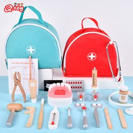 Outils Atelier Docteur Jouets pour Enfants Kit de Jeux de Simulation en Bois Jeux pour Filles Garçons Simulation Rouge Dentiste Médecine Sacs en Tissu 230710