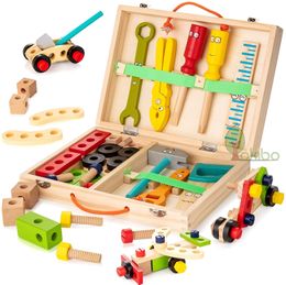 Outils Atelier Kids Boîte à outils en bois Férenture de jeu Play Set Educational Montessori Toys Disassement Vis Assemblage Simulation Réparation Carpenter Tool 230627