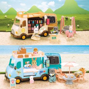 Tools Workshop School Bus Boekplank 1/12 Dollhouse Forest Family Ice Cream Sales Vehicle Miniature Furniture For Girl Play House Birthday Cadeau 230812