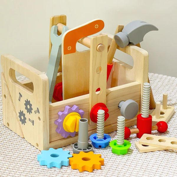 Tools Workshop Boîte à outils en bois ensemble de jeu de simulation Montessori enfants jouet pour garçons écrou démontage vis assemblage Simulation réparation charpentier outil 231211