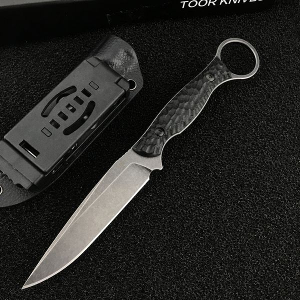 Toor Knives Anaconda Cuchillo de hoja fija de 3.75 pulgadas con punta de caída de óxido negro, mangos negros G10 con anillo rosado, funda Kydex negra, defensa personal al aire libre, combate táctico de caza y campamento