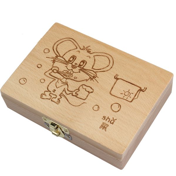 Tooth Box organisateur pour bébé enregistrer les dents de lait boîte de rangement en bois grands cadeaux 3- créatif pour les enfants du zodiaque chinois RAT LJ201105