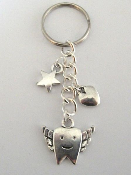 Dent fée étoile coeur breloque porte-clés cadeau placage argent pendentif 25mm porte-clés breloques en métal porte-clés bijoux de mode 20 pièces