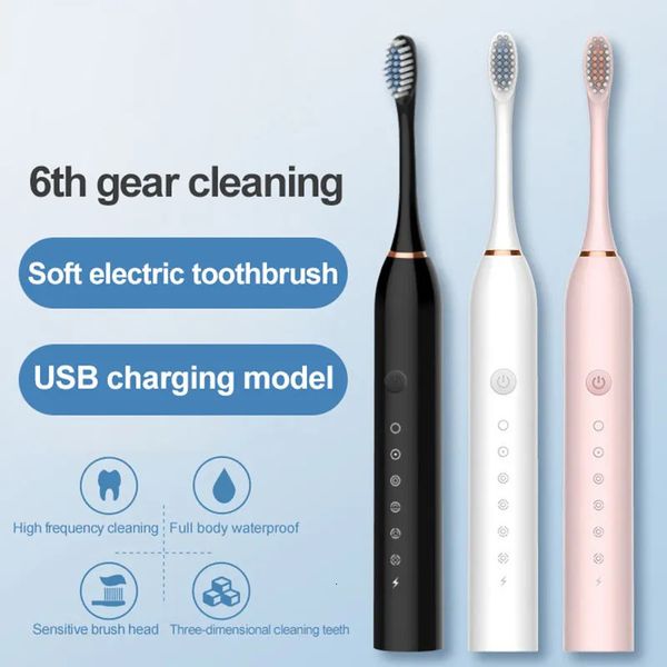 Cepillo de dientes 6 engranajes para adultos potente cepillo de dientes eléctrico sónico ultrasónico USB impermeable recargable cepillo de dientes blanqueador lavable 4 cepillos 231007