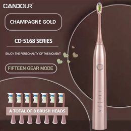 Brosse à dents CANDOR CD5168 Sonic électrique Rechargeable IPX8 étanche 15 Mode chargeur USB têtes de remplacement ensemble 231017