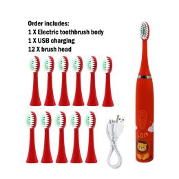 brosse à dents dessin animé de brosse à dents pour enfants avec brosse de nettoyage de cheveux molles rechargeable à ultrasons pour enfants avec 12 pcs de brosse à dents