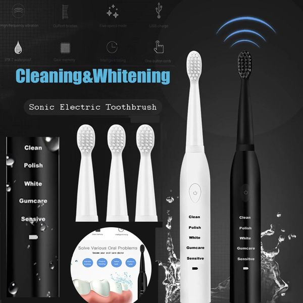 Toothbrush Brosse à dents électrique brosse à dents sonique Rechargeable Ultra sonique noir lavable électronique blanchissant adulte minuterie brosse à dents