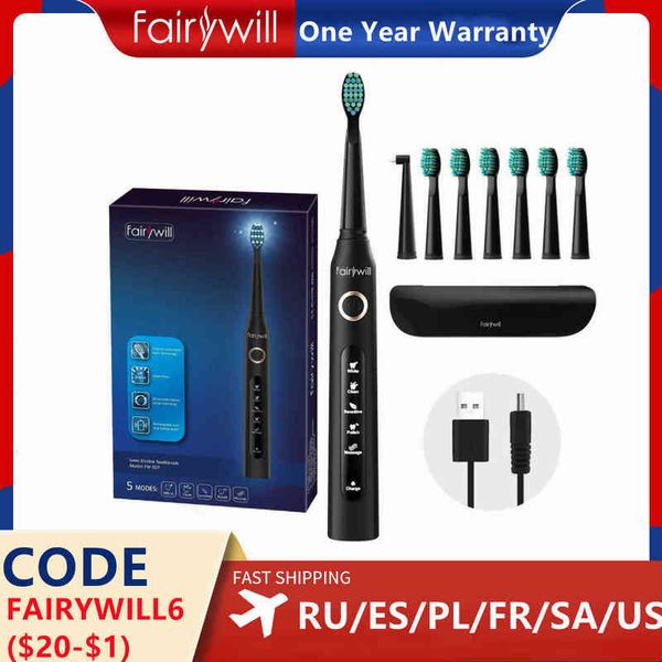 Brosse à dents Fairywill brosse à dents électrique sonique Fw-507 Rechargeable Usb Charge étanche électronique dent 8 brosses têtes de rechange adulte 0511