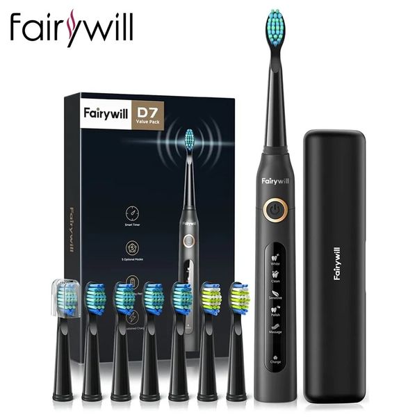 Brosse à dents Fairywill FW507 Sonic électrique 5 Modes chargeur USB brosses à dents minuterie de remplacement 8 têtes de brosse 231017
