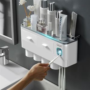Toothbrush Holder Bathroom Accessories Storage Rack Toothpaste Squeezer Dispenser Automatic Wall Mount Magnetic Adsorption 210423