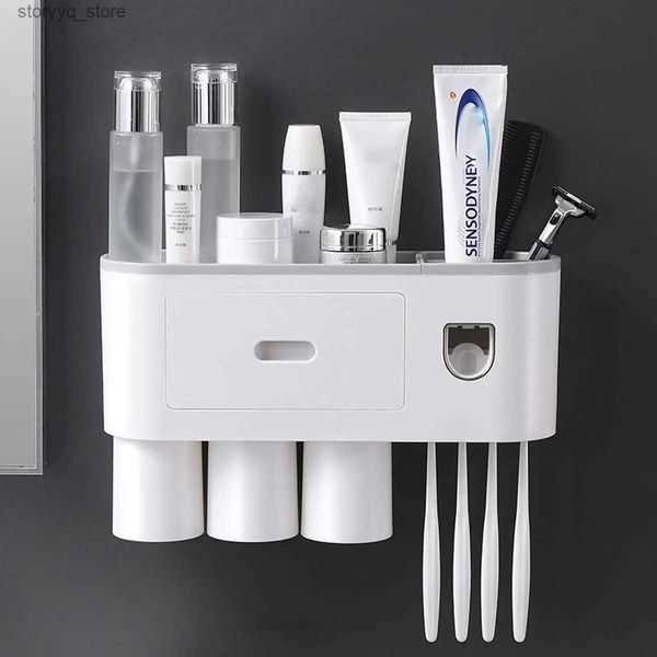 Porte-brosse à dents 3 tasses, distributeur de dentifrice avec tasse, support mural de rangement pour articles de toilette, ensemble d'accessoires de salle de bains Q231203