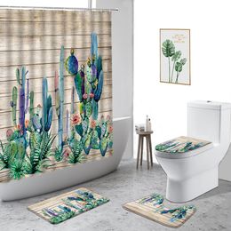 Tandenborstelhouders 3D Tropische Planten Cactus Douchegordijn Creatief Handbeschilderd Badkamer Decoratie Set Waterdichte Badgordijnen Antislip Tapijt 230809