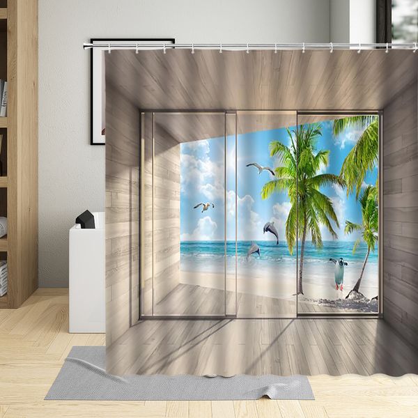 Porte-brosse à dents 3D fenêtre vue rideau de douche bord de mer plage de sable cocotier salle de bain avec crochet tissu lavable imperméable costume décoratif 230809
