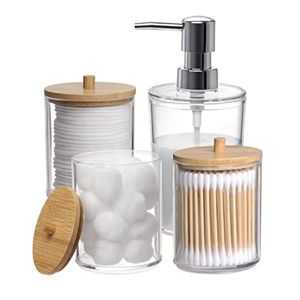 Porte-brosse à dents 4pcs Accessoires de salle de bain en bambou Ensemble liquide Lotion Distributeur de savon Porte-tampon en coton Pot Acrylique Organisateur Pour 230710