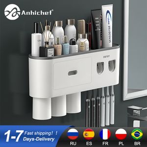 Toothbrush Holders Bathroom Magnetic Adsorption Inverted Toothbrush Holder Wall -Automatic Toothpaste Squeezer Storage Rack Bathroom Accessories 230731