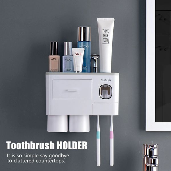 Porte-brosse à dents Porte-brosse à dents mural Support de rangement pour salle de bain Double distributeur automatique de dentifrice avec tasses magnétiques 231013