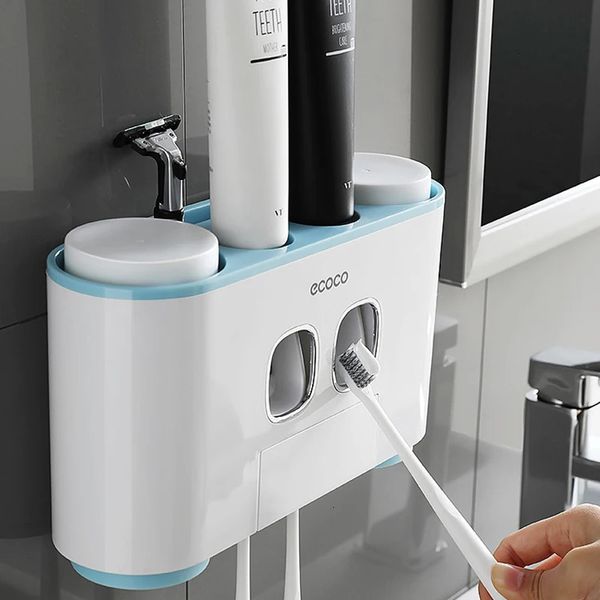 ECOCO porte-brosse à dents distributeur de dentifrice à pression automatique brosse à dents murale rangement de tasse de dentifrice accessoires de salle de bain 231013