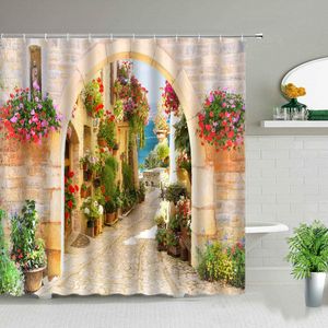 Tandenborstelhouders Bloemen Lente Landschap Badkamer Douchegordijn Straat Rood Roze Bloemen Retro Design Tuin Achtergrond Muur Decor Doek Gordijnen 230809