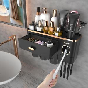 Tandenborstelhouders voor badkamers - Upgrade wandgemonteerde tandenborstelhouder met tandpasta -dispenser -3 kopjes grote capaciteitsbak 240320
