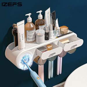 Porte-brosse à dents IZEFS Porte-brosse à dents mural Distributeur automatique de dentifrice Maison Organisateur de salle de bain sans poinçon Ensembles d'accessoires de salle de bain 230718