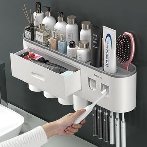 Toothbrush Holders Magnetic Adsorption Inverted Toothbrush Holder Automatic Toothpaste Squeezer Storage Rack with Gargle Cup Bathroom Accessories 230718