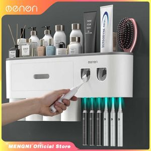 Toothbrush Holders MENGNI- Adsorption Inverted Toothbrush Holder Wall -Automatic Toothpaste Squeezer Storage Rack Bathroom AccessoriesHKD230627