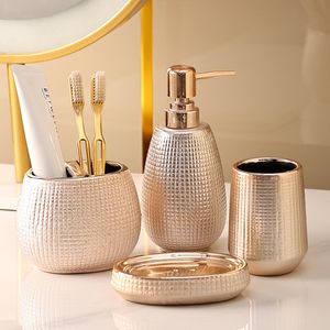 Tandenborstelhouders Rose Gold keramische zeep Dereep Liquid Soap Dispenser Keramische tandenborstel Holder Cup Shampoo Lotion fles Badkamer Accessorie 230303