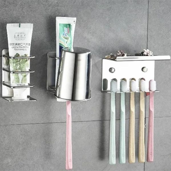 Porte-brosses à dents Support de rangement mural pour salle de bain en acier inoxydable porte-brosse à dents dentifrice polyvalent porte-gobelet adhésif sans trace 231013