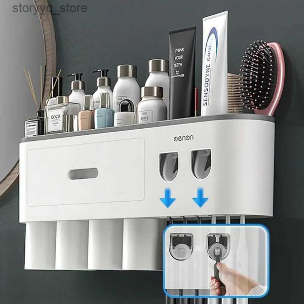 Porte-brosse à dents Porte-brosse à dents Support de rangement mural Tasses avec 2 distributeurs de dentifrice pour organisateur de maison Ensemble d'accessoires de salle de bain Q231202