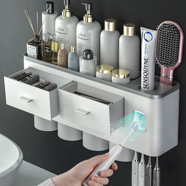Porte-brosses à dents, distributeur automatique de presse-dentifrice mural sans poinçon, rangement de salle de bain, support de maquillage, accessoire, tasse de bain de bouche 231013