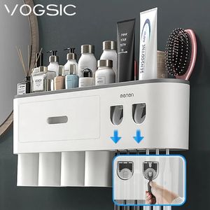 Porte-brosse à dents VOGSIC support magnétique support de rangement mural tasses avec 2 distributeur de dentifrice pour organisateur à domicile ensemble d'accessoires de salle de bain 231101