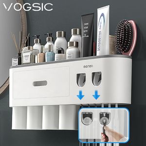 Toothbrush Holders VOGSIC Magnetic Toothbrush Holder Wall Storage Rack Cups With 2 Toothpaste Dispenser For Home Organizer Bathroom Accessories Set 230918