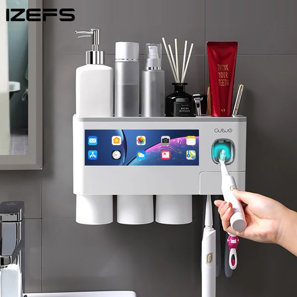 Porte-brosse à dents mural, presse-dentifrice, support de rangement pour toilettes à domicile, distributeur automatique de dentifrice, accessoires de salle de bains 230918