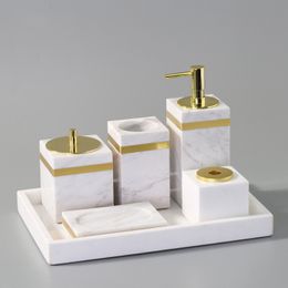 Soportes para cepillos de dientes, juego de baño de mármol Natural blanco de Volakas, dispensador de loción de jabón de lujo, soporte para botella con bomba, plato dorado 230710