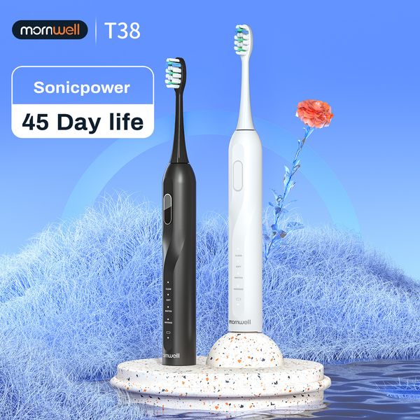 Cepillo de dientes Mornwell Electric Sonic Toothbrush T38 Carga USB Adulto Impermeable Ultrasónico Automático Cepillo de dientes 8 Cepillos Cabezales de repuesto 230802