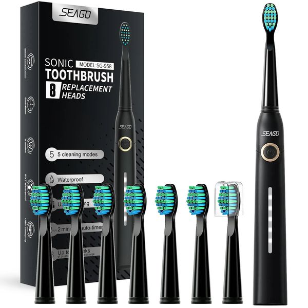 Zahnbürste SEAGO Paar wiederaufladbare elektrische Zahnbürste Schallzahnbürste Reisebox Ultraschall ersetzt 8 Bürstenköpfe 231012