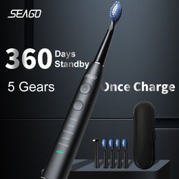Seago elektrische sonische tandenborstel, USB oplaadbaar, volwassenen, 360 dagen lange batterijduur met 4 vervangende koppen, cadeau SG-575 230824