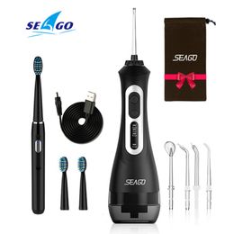 Cepillo de dientes Seago Cepillo de dientes eléctrico recargable con hilo dental para adultos Cepillo de dientes sónico Irrigador dental oral Blanco Negro Regalo para el hogar 230227