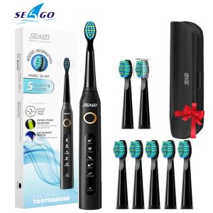 Tandenborstel Seago Sonic Electric Tooth Brush SG507 Voor volwassen timerborstel 5 Modi Micro USB Oplaadbare Tandborstel Vervangingskoppen Set