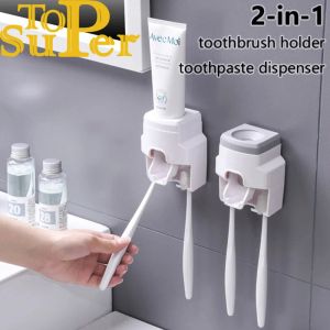 Tandenborstel tandenborstel houder set tandpasta dispenser wandmontage standaard badkamer accessoires set rollende automatische squeezer familie hygiënisch