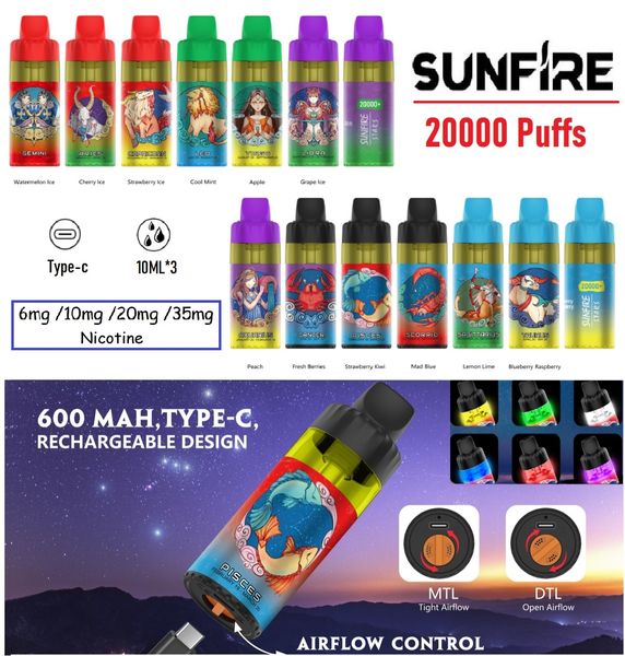 Top 1 Sunfire Tornado 20000 Puffs Vape jetable 12 saveurs 30ml Recharge 600mAh Batterie Puff 10000 9000 15000 20K VAPE VACHABLE VAPER PUFFLE 20K HOT en Allemagne Espagne