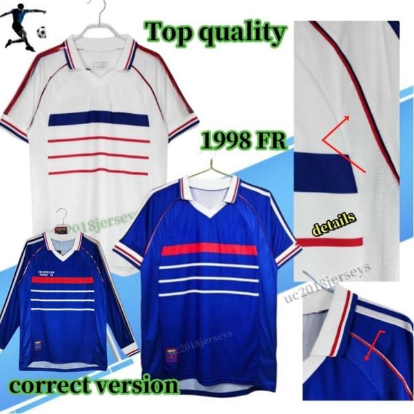 TOP 1998 FR Zidane Retro Soccer Jersey 1998 Henry Maillot de Foot Rezeguet Desailly Fren Club Classic Vintage Jersey Détails Version 98 à manches longues