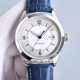Top 39mm Date Master 1548530 montre automatique pour hommes cadran argenté boîtier en acier 316L bracelet en cuir bleu montres de sport pour hommes